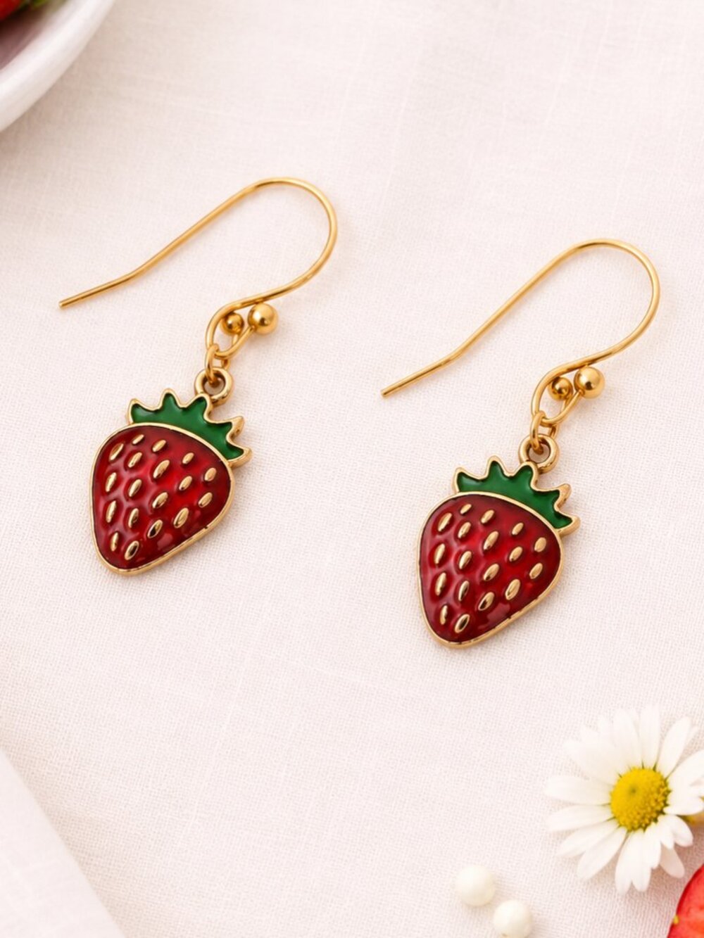 Sweet Strawberry Enamel Dangle Earrings